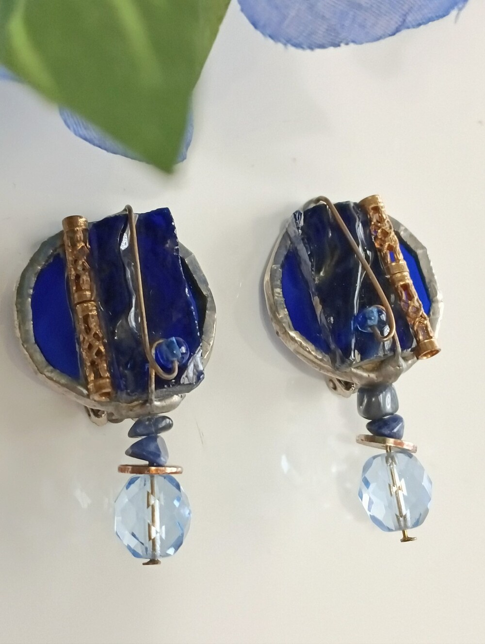 Vintage (Early 2000s) Royal Blue Glass Silver & Gold Dangle Bead Earrings